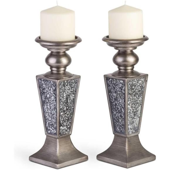 Schonwerk Pillar Candle Holder Set of 2-Crackled Mosaic Design-Home Coffee Table - Picture 5 of 7